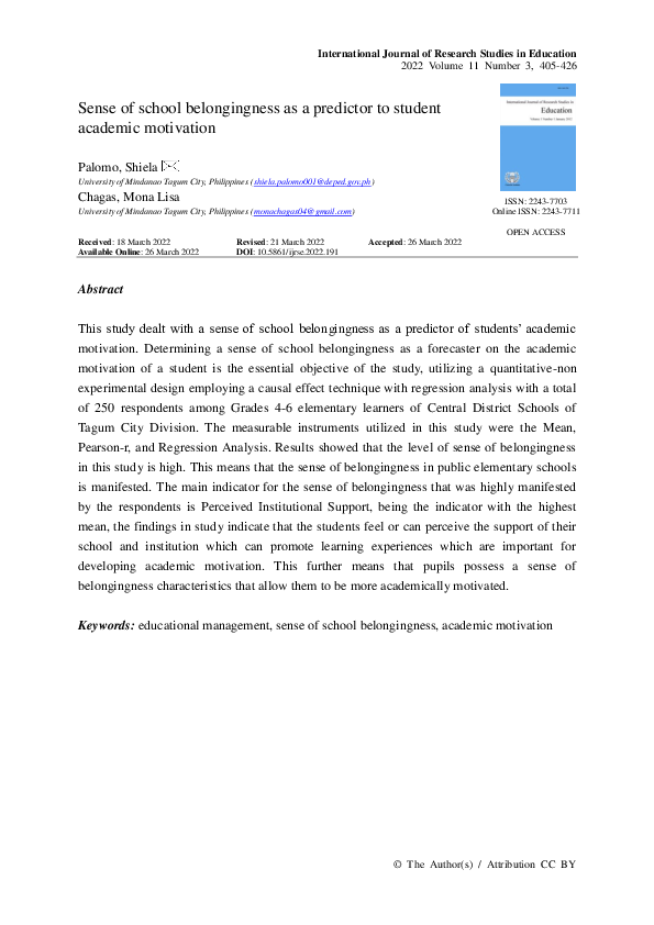 (PDF) Sense of school belongingness as a predictor to student academic ...