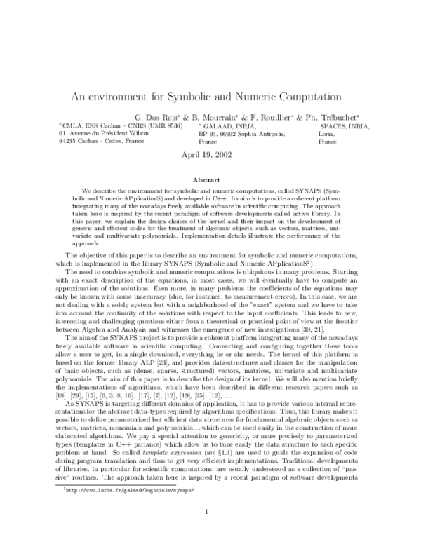 (PDF) An Environment for Symbolic and Numeric Computation