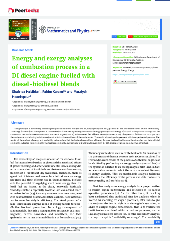 (PDF) Energy and exergy analyses of combustion process in a DI diesel ...