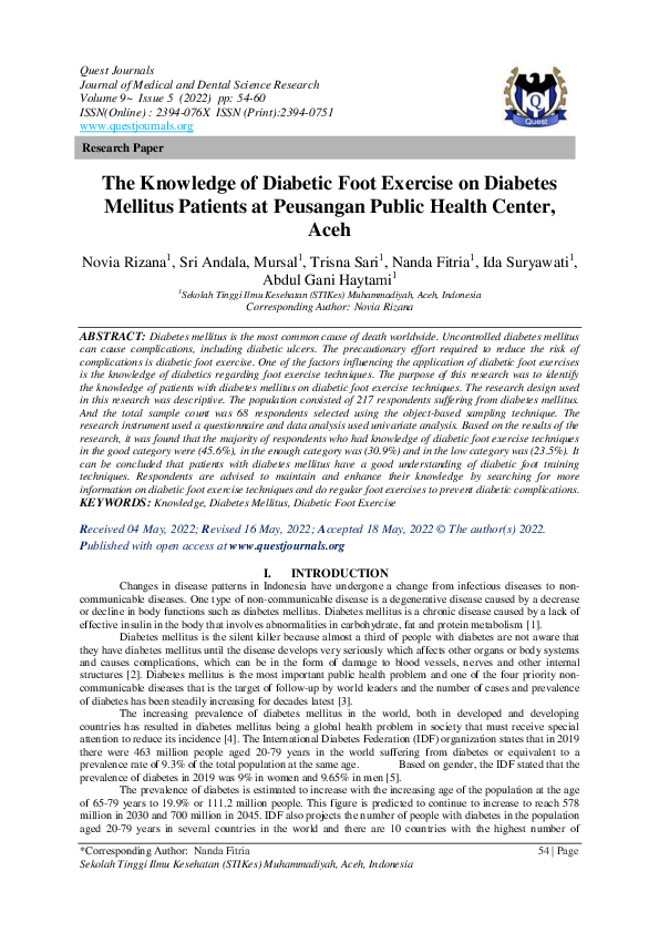 (PDF) The Knowledge of Diabetic Foot Exercise on Diabetes Mellitus