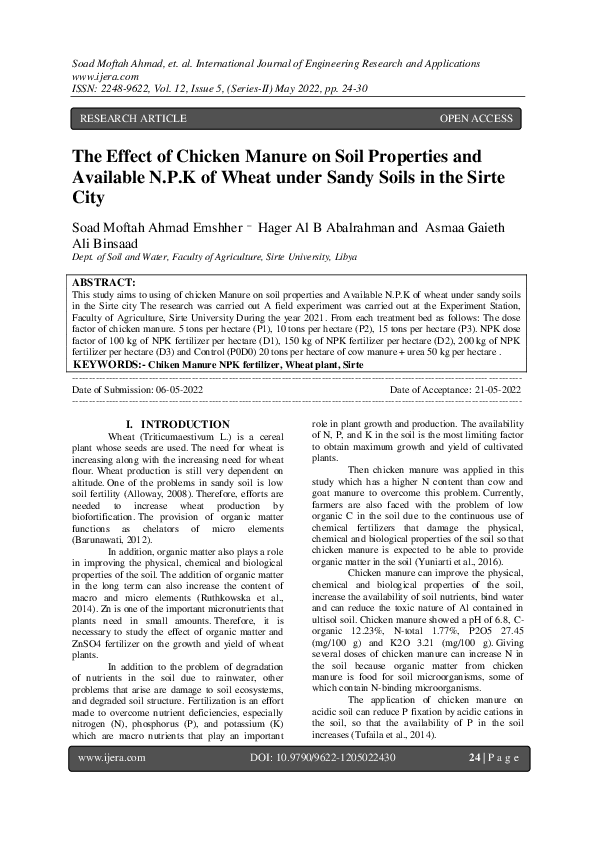 (PDF) The Effect of Chicken Manure on Soil Properties and Available N.P