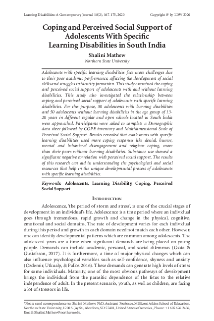 (PDF) Coping and Perceived Social Support of Adolescents with Specific ...
