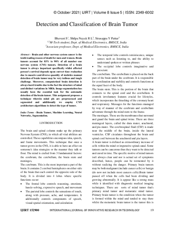 (PDF) Detection and Classification of Brain Tumor