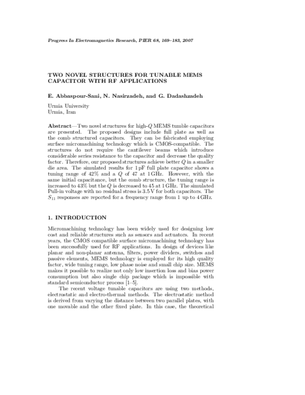 (PDF) Two Novel Structures for Tunable Mems Capacitor with RF Applications