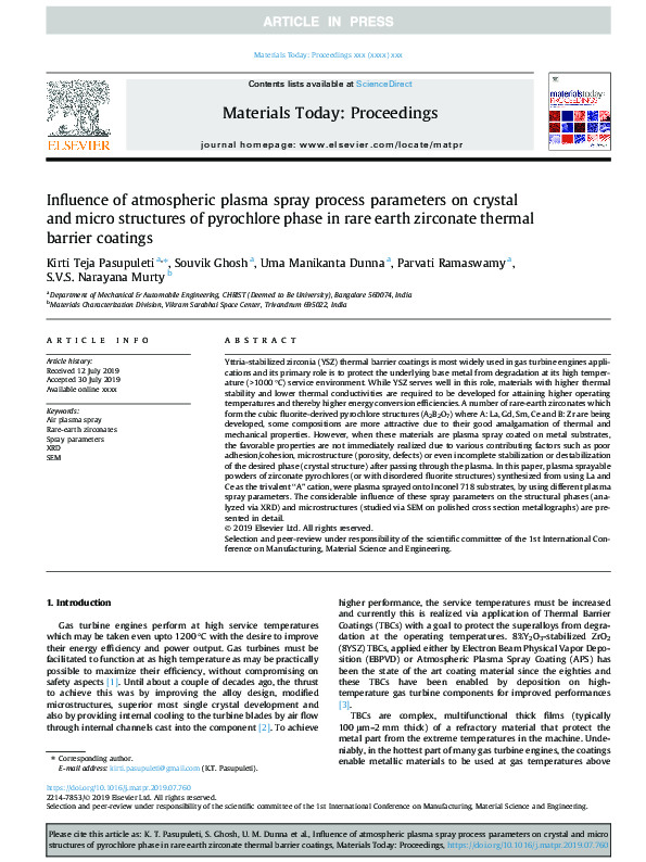(PDF) Influence of atmospheric plasma spray process parameters on ...