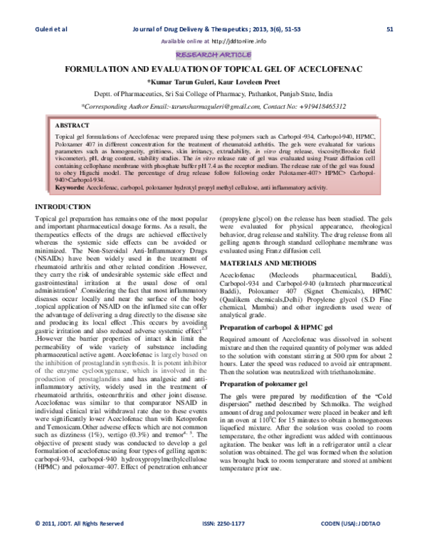 (PDF) Formulation and Evaluation of Topical Gel of Aceclofenac