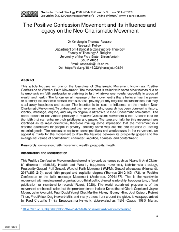  PDF The Positive Confession Movement And Its Influence And Legacy On 