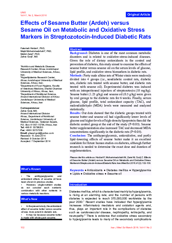 (PDF) Effects of Sesame Butter (Ardeh) versus Sesame Oil on Metabolic ...