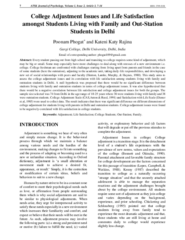 (PDF) College Adjustment Issues and Life Satisfaction amongst Students ...