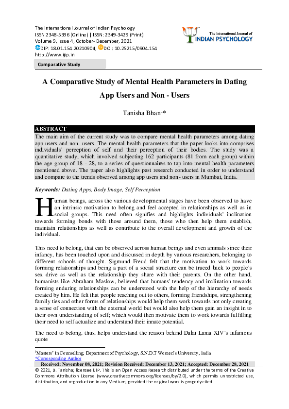 (PDF) A Comparative Study of Mental Health Parameters in Dating App ...