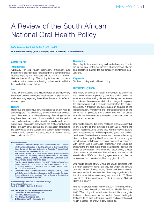 (PDF) A Review of the South African National Oral Health Policy Ahmed