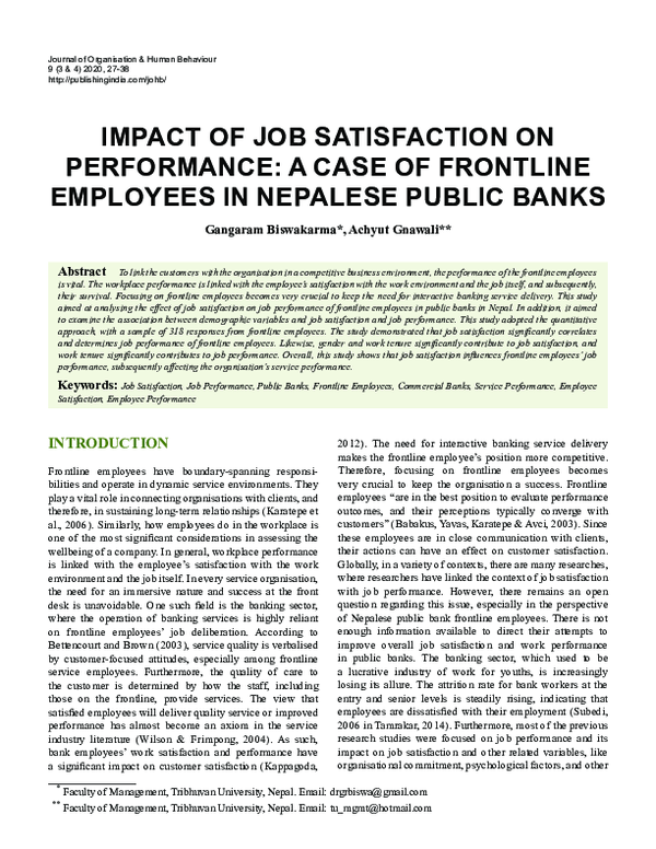 (PDF) Impact of Job Satisfaction on Performance: A Case of Frontline ...