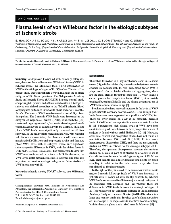 (PDF) Plasma levels of von Willebrand factor in the etiologic subtypes ...