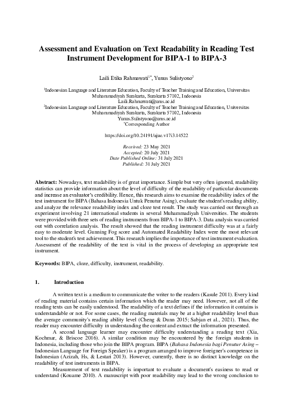 (PDF) Assessment and Evaluation on Text Readability in Reading Test ...