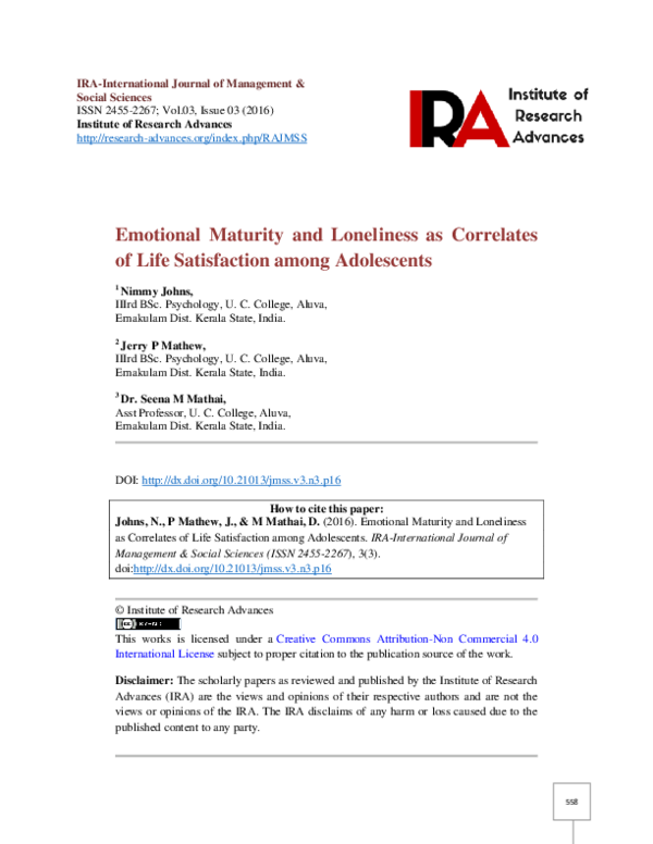 (PDF) Emotional Maturity and Loneliness as Correlates of Life ...