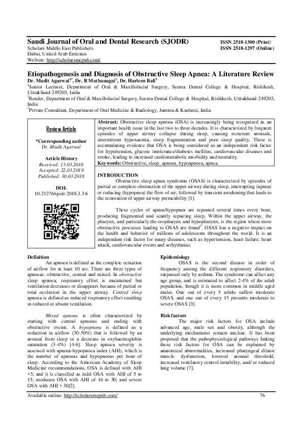 (PDF) Etiopathogenesis and Diagnosis of Obstructive Sleep Apnea : A ...
