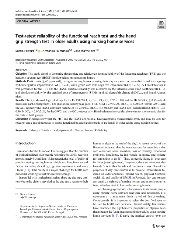 (PDF) Test-retest reliability of the functional reach test and the hand ...