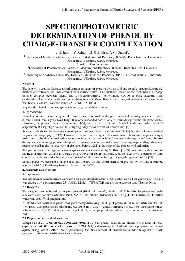 (PDF) Spectrophotometric Determination of Phenol by Charge-Transfer ...