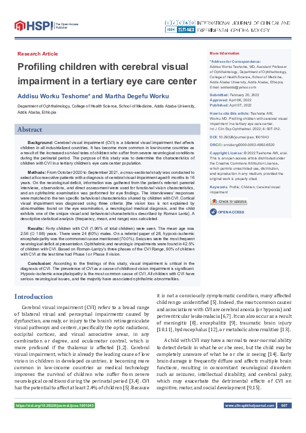 (PDF) Profiling children with cerebral visual impairment in a tertiary ...
