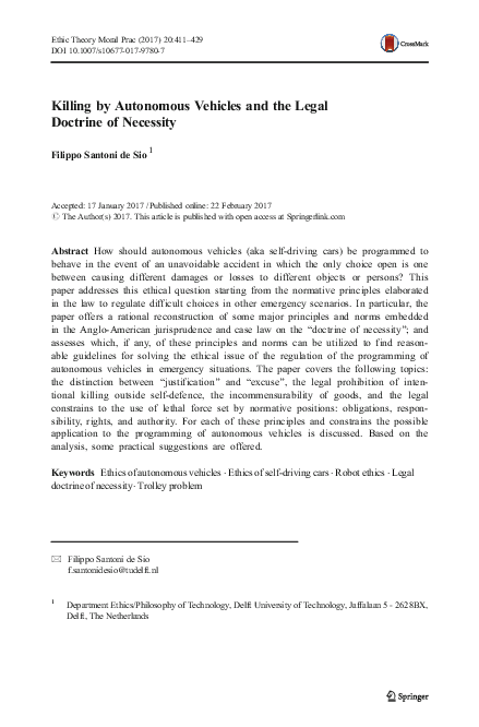(PDF) Autonomous Vehicles and the Legal Doctrine of Necessity