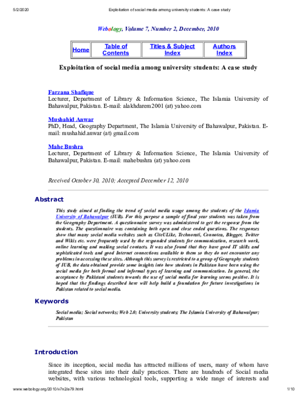 (PDF) Exploitation of social media among university students: A case study