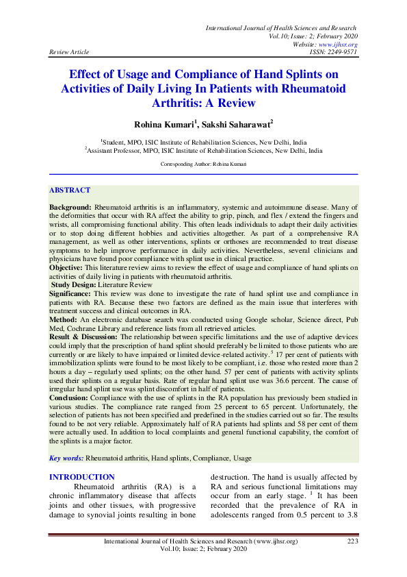 (PDF) Effect of Usage and Compliance of Hand Splints on Activities of ...