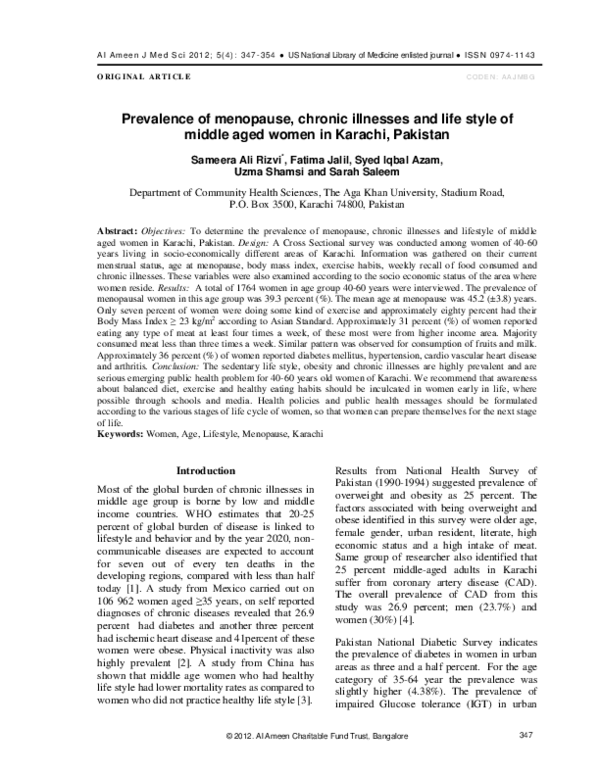(PDF) Prevalence of menopause, chronic illnesses and life style of