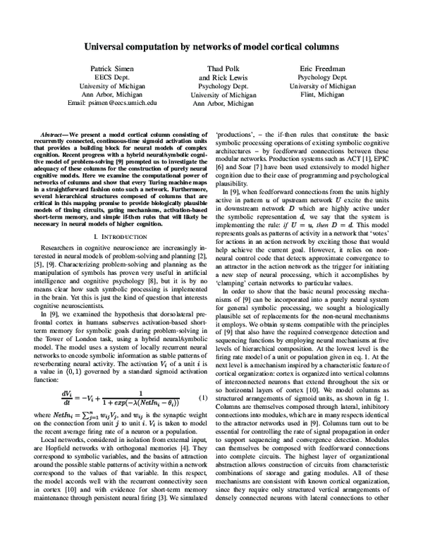 (PDF) Universal computation by networks of model cortical columns