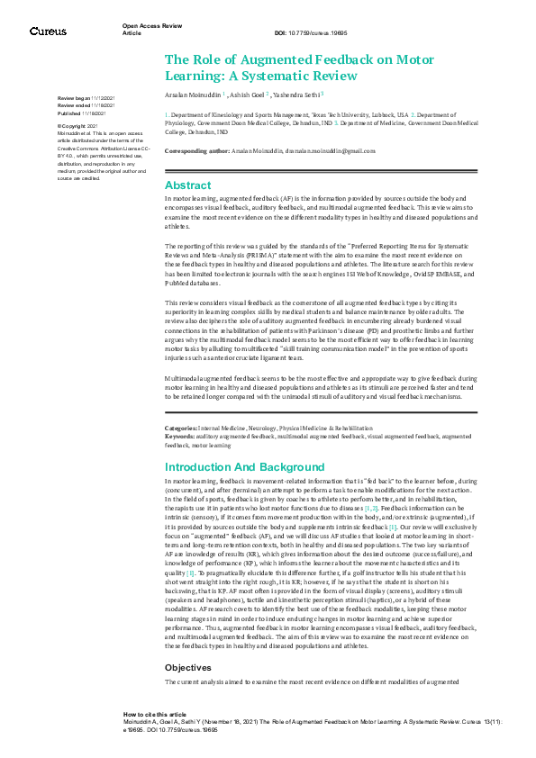 (PDF) The Role of Augmented Feedback on Motor Learning A Systematic