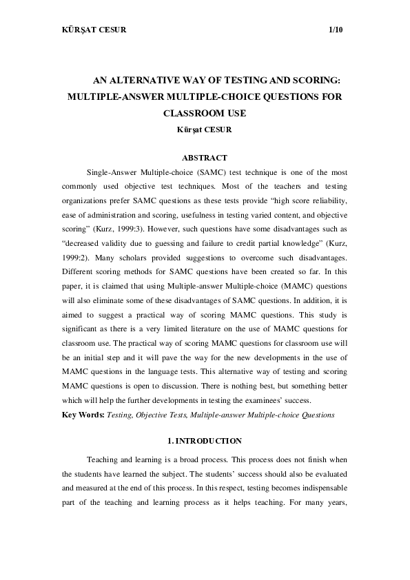 (PDF) An Alternative Way of Testing and Scoring: Multiple-Answer ...