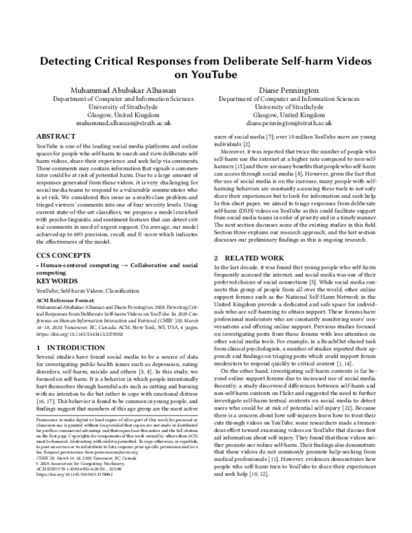 (PDF) Detecting Critical Responses from Deliberate Self-harm Videos on ...
