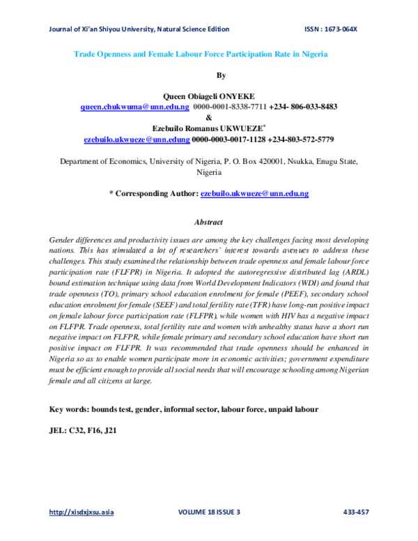 (PDF) Trade Openness and Female Labour Force Participation Rate in Nigeria