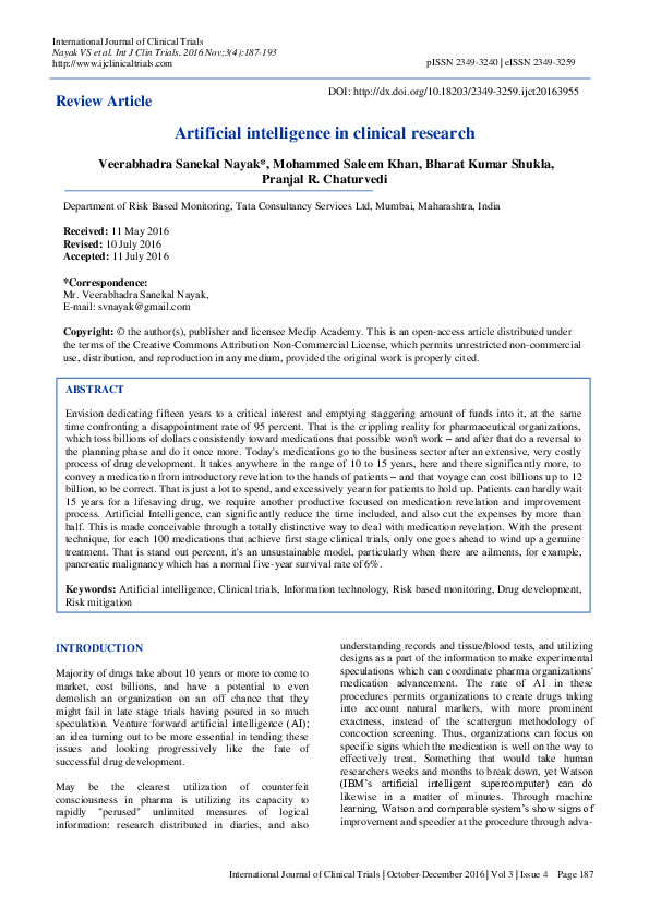 (PDF) Artificial intelligence in clinical research
