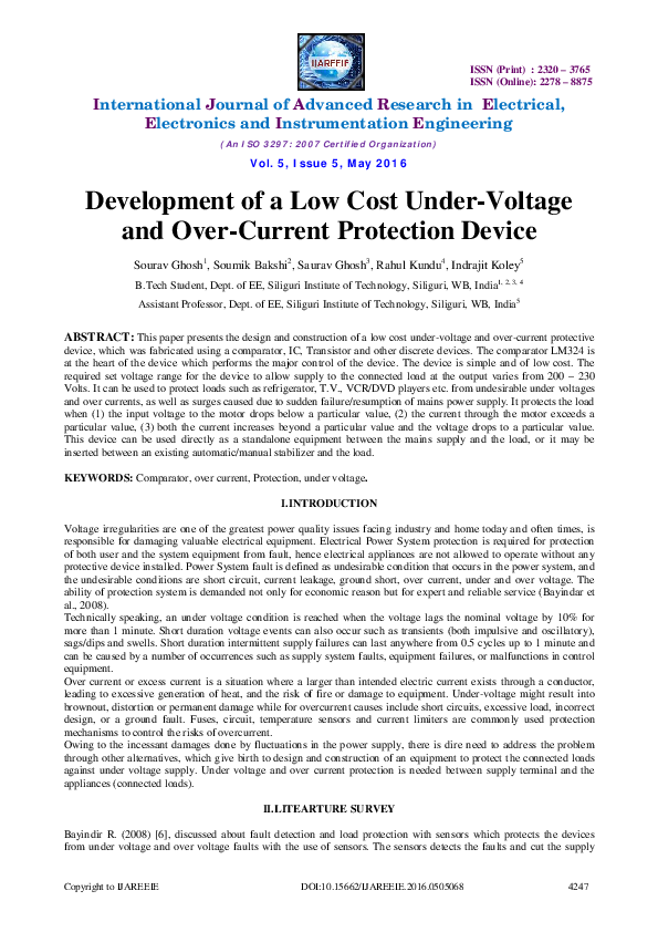 Development of a Low Cost Under-Voltage and Over-Current Protection Device
