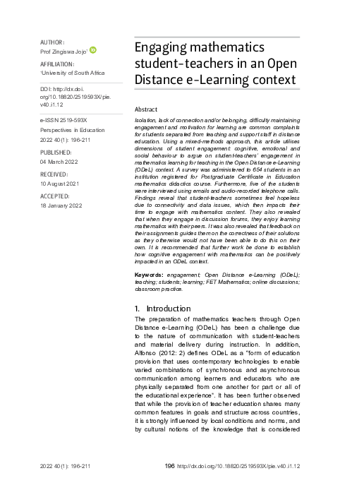(PDF) Engaging mathematics student-teachers in an Open Distance e ...
