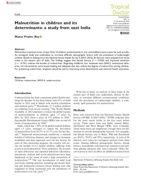 (PDF) Malnutrition in children and its determinants: a study from east ...