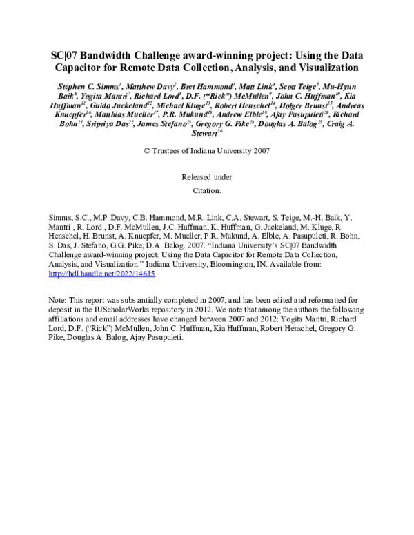 (DOC) SC| 07 Bandwidth Challenge award-winning project: Using the Data ...