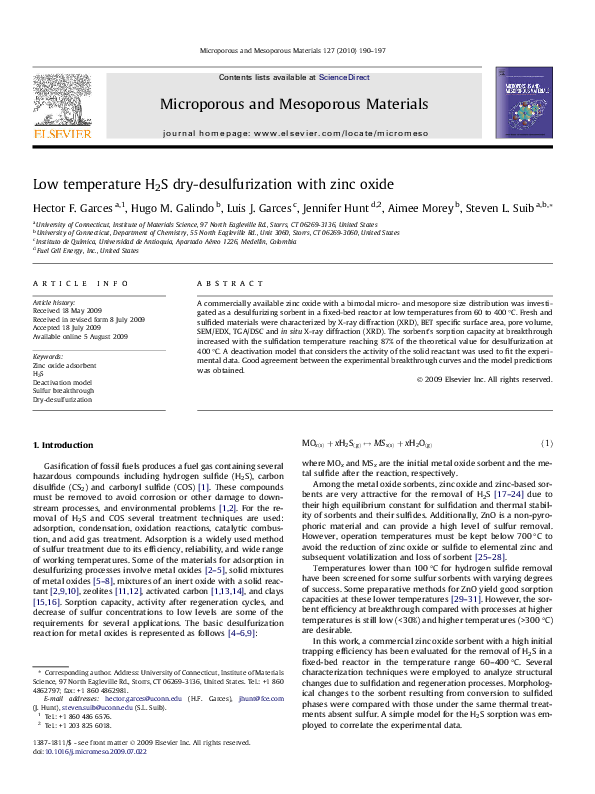 (PDF) Low temperature H2S dry-desulfurization with zinc oxide
