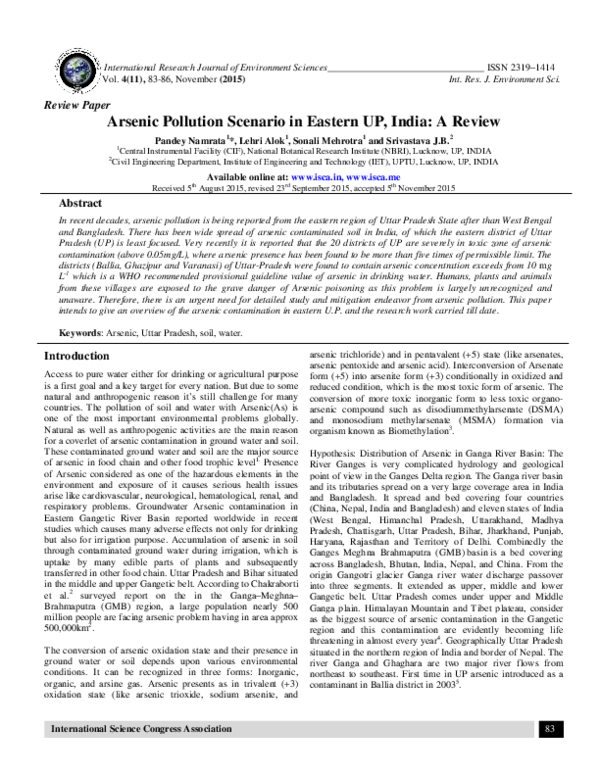  PDF Arsenic Pollution Scenario In Eastern UP India A Review 