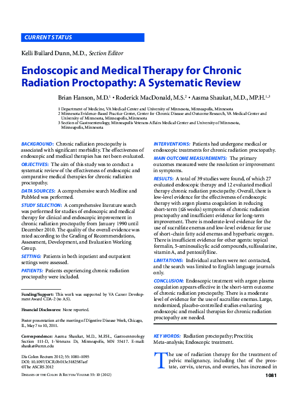 (PDF) Endoscopic and Medical Therapy for Chronic Radiation Proctopathy