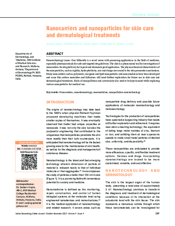(PDF) Nanocarriers and nanoparticles for skin care and dermatological ...