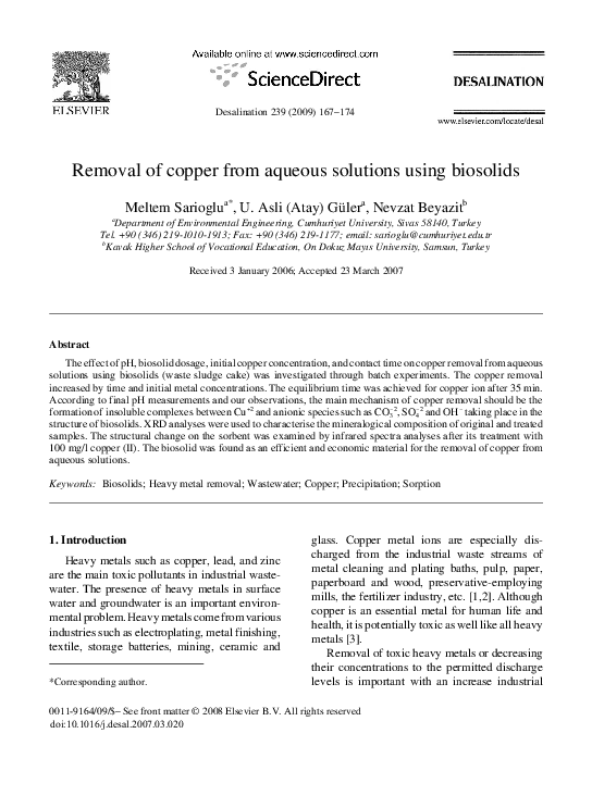 (PDF) Removal of copper from aqueous solutions using biosolids