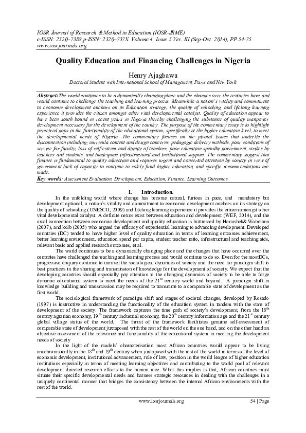 (PDF) Quality Education and Financing Challenges in Nigeria