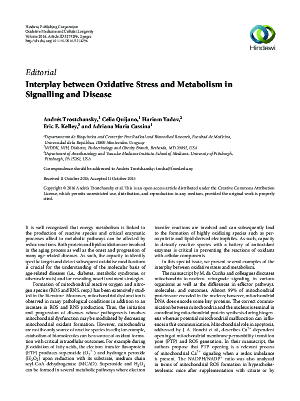(PDF) Interplay between Oxidative Stress and Metabolism in Signalling ...