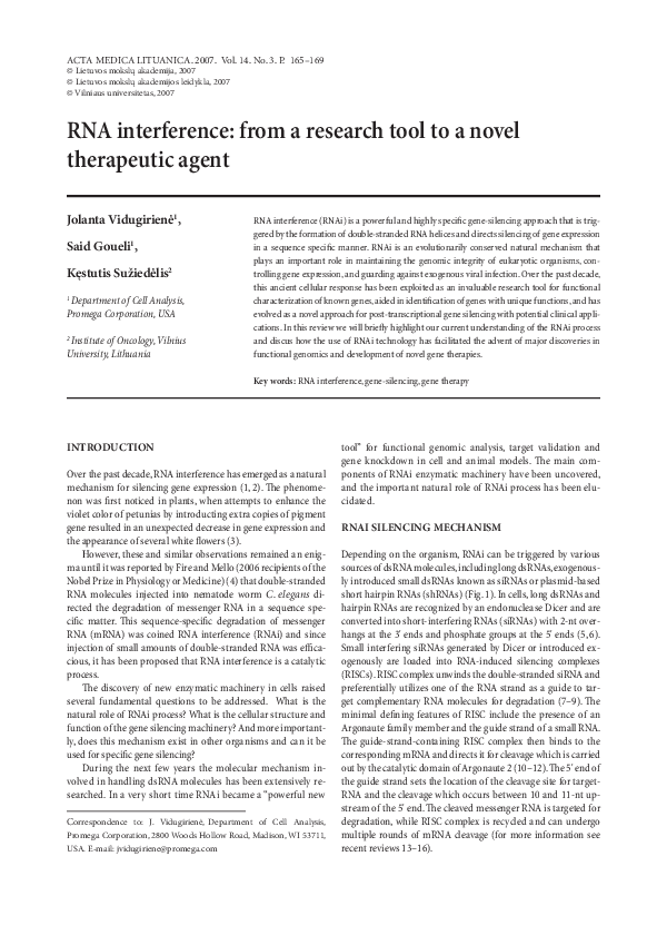 (PDF) RNA interference: from a research tool to a novel therapeutic agent