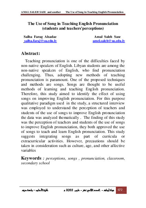 (PDF) The Use of Song in Teaching English Pronunciation (students and ...