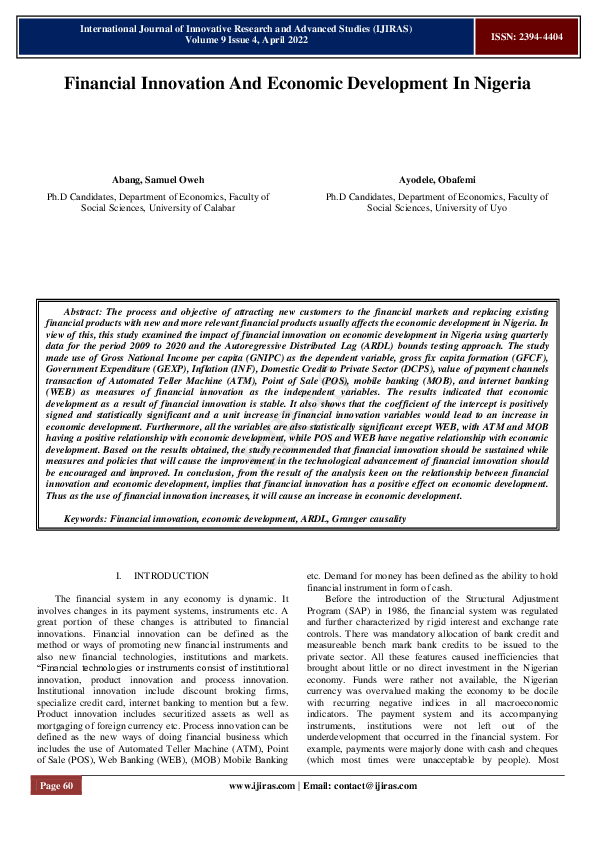 (PDF) Financial Innovation And Economic Development In Nigeria