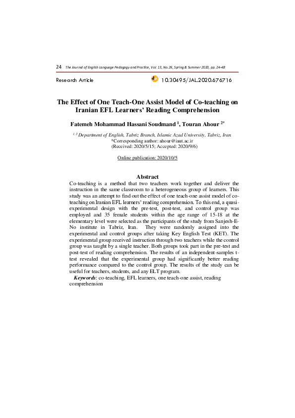 (PDF) The Effect of One Teach-One Assist Model of Co-teaching on ...