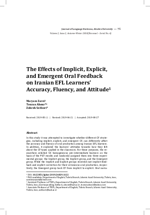 (PDF) The Effects of Implicit, Explicit, and Emergent Oral Feedback on ...