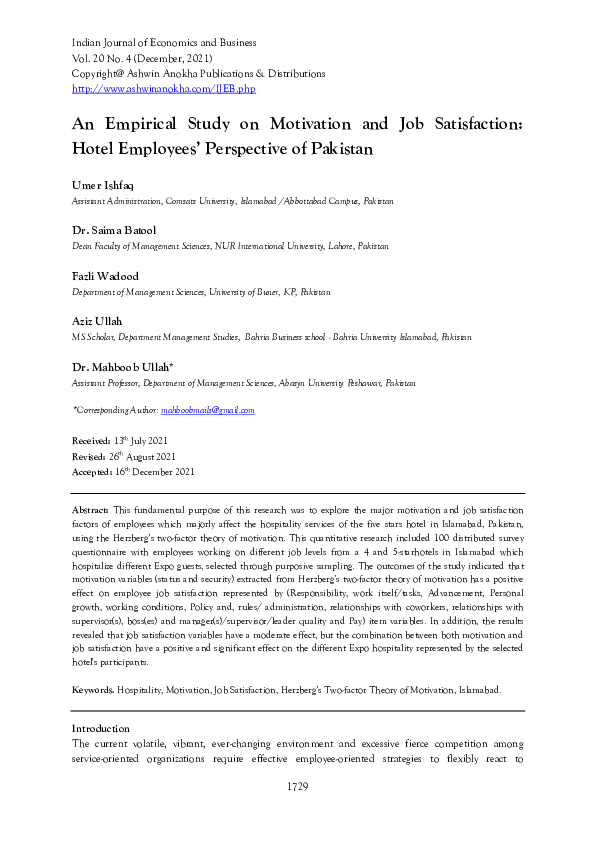 (PDF) An Empirical Study on Motivation and Job Satisfaction: Hotel ...